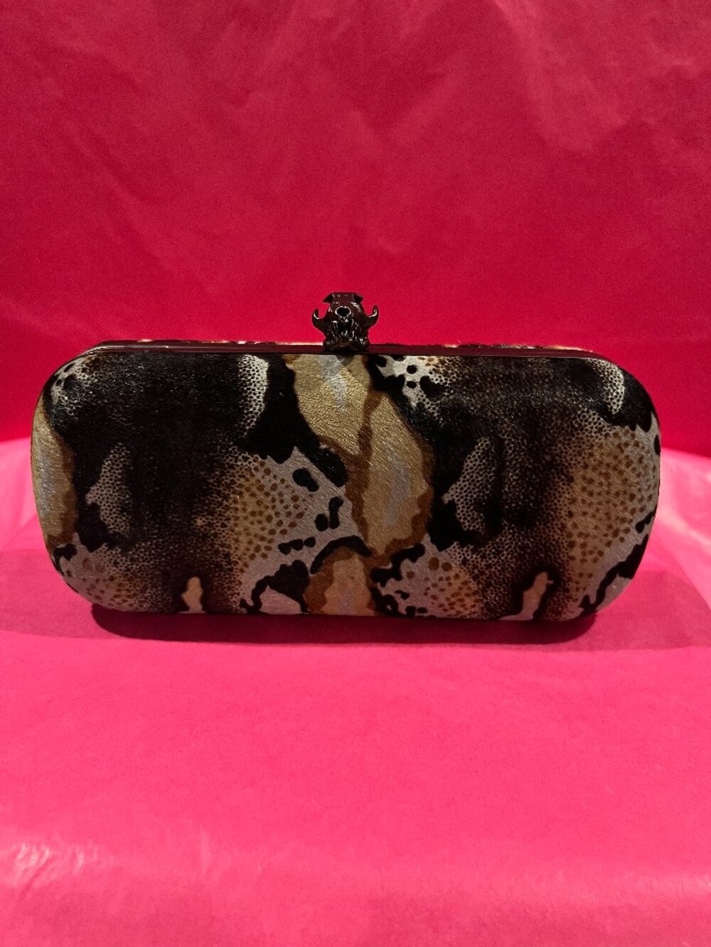 NWT House of Harlow 1960 Wynn Animal Print Calf Hair Skull Hardcase Clutch Box